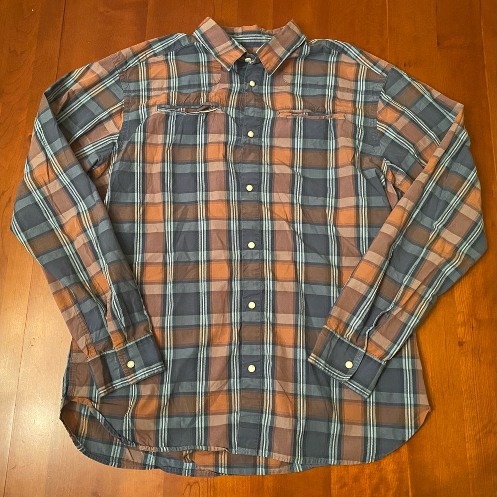 Men’s Patagonia Organic Cotton Western Pearl Snap Long Sleeve Shirt Orange Blue